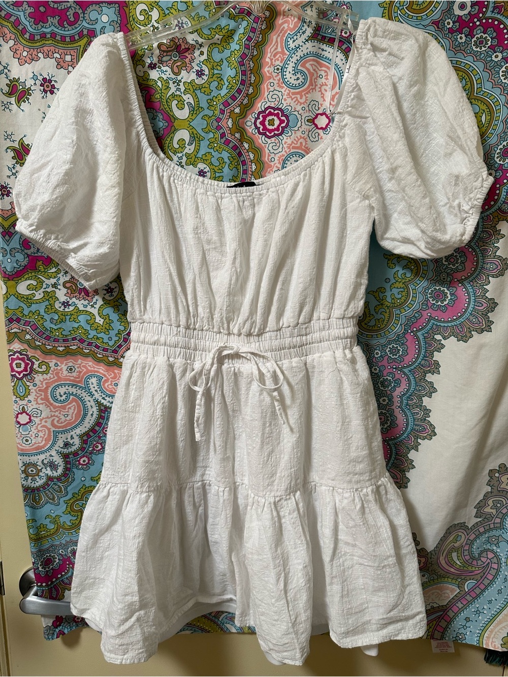 Lulu's White Puff-Sleeve Tie-Waist Tiered Mini Dress